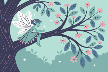 Delicate Fairy on Tree Branch – Magical Illustration