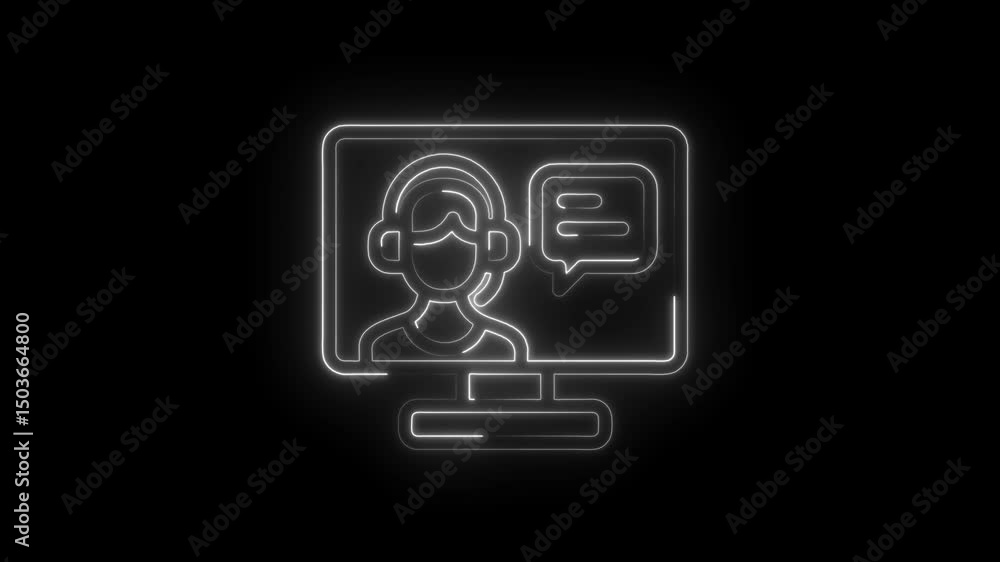 Poster online customer service agent on computer with neon glow and chat bubble icon animation