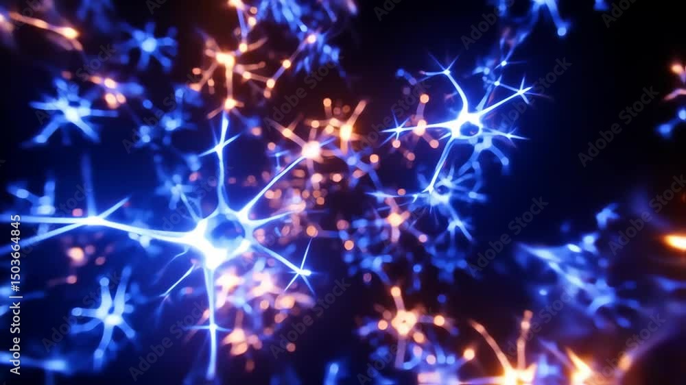 Poster microscopic view of neuron network synapses and neural connections