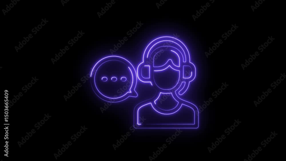 Poster animated neon style customer support icon with headset and speech bubble design element