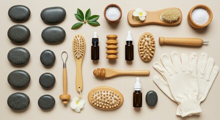 Spa essentials display wellness products in flatlay arrangement on beige surface for relaxation