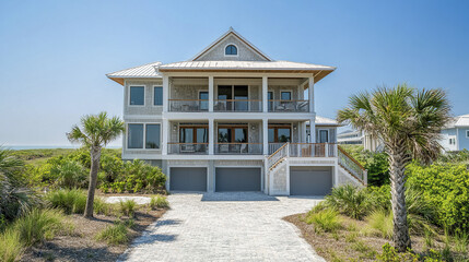Luxurious oceanfront property with palm trees and clear blue sky, perfect for relaxation