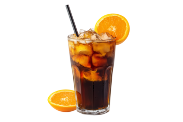 Refreshing iced coffee with orange slice isolated on transparent background