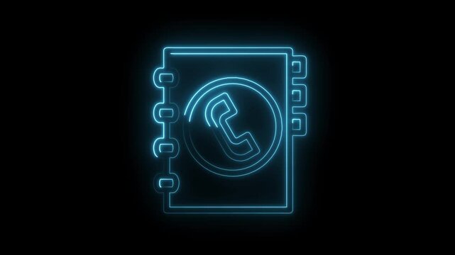Neon style address book with telephone icon animation on dark background