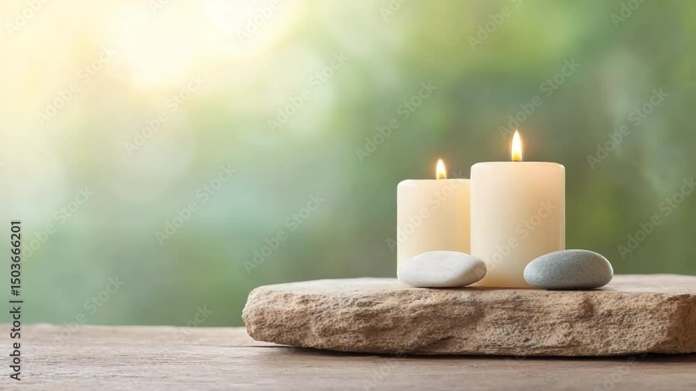Poster candlelight serenity: a serene composition of two softly glowing candles and smooth stones resting o