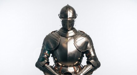Fototapeta premium A metallic knight armor on display with intricate details, showcasing historical craftsmanship. This historical artifact tells a tale of protection, valor, and chivalry
