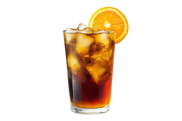 Glass of soda, iced coffee, espresso cocktail with ice cubes and orange, isolated on transparent background