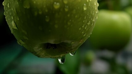 Close-up of a shiny vibrant green apple covered in water droplets hanging on a tree branch in an orchard setting - Powered by Adobe