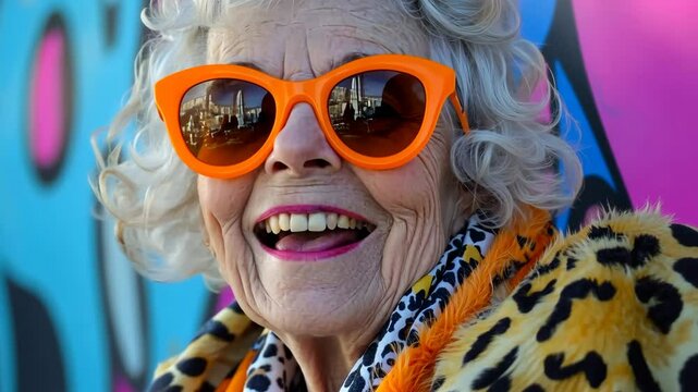 Elderly woman with curly gray hair wearing vibrant orange sunglasses and a leopard print coat, smiling joyfully against a colorful graffiti background, showcasing. Generative 4k video.