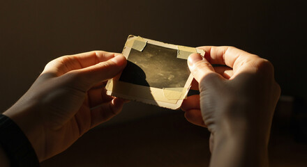 Hands holding old photo, sepia tones, nostalgic memories, for blogs and websites
