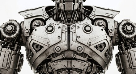 The metallic torso of a futuristic robot is on display, showcasing intricate mechanical details. The robot has a chest and upper body composed of metallic components and it demonstrates its power