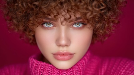 Naklejka premium Close up Portrait Curly Hair Pink Sweater Woman s Face Green Eyes Beauty Fashion