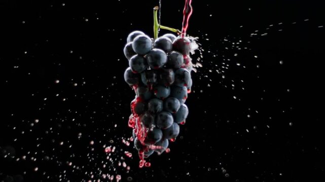 Fresh black grapes rotation on isolated black background on super slow motion. Grapes close up. Loop motion. Taste Luxury Grapes. Quality Creative Vine. Red wine flows on a ripe grape.