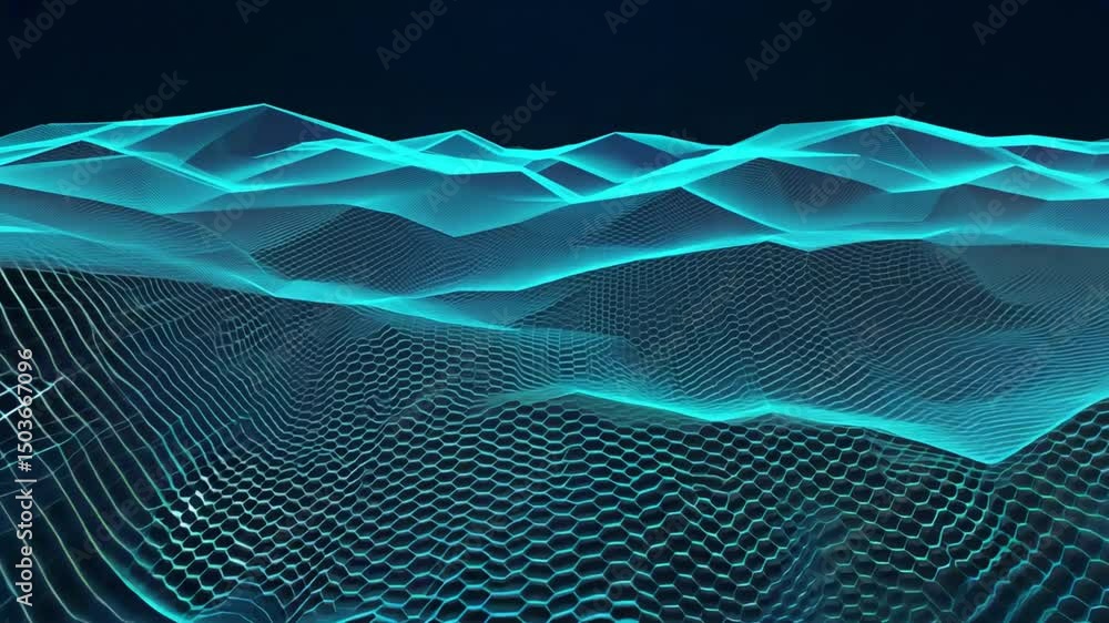 Poster stunning digital landscape showcasing network of glowing blue hexagonal patterns and abstract waves,