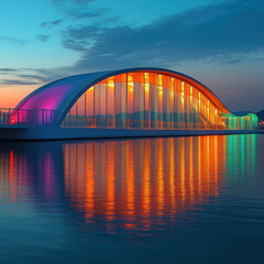 Obraz premium Colorful lights reflect in water under night bridge.