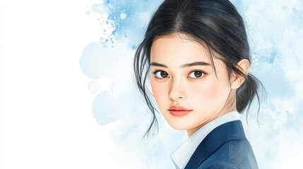 Fototapeta premium Artistic woman with blue backdrop and expressive watercolor painting