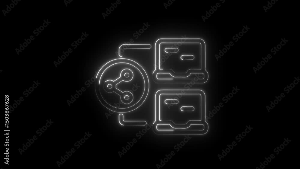 Poster digital sharing network animation showing two laptops connected with a white neon glow