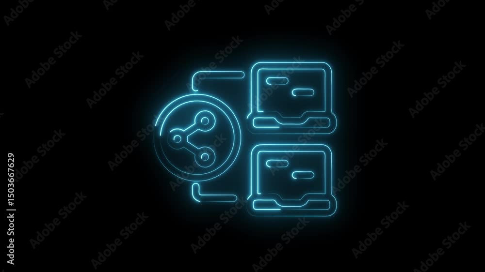Poster network connection glowing with share icon and connected laptops on dark background