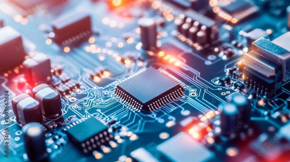 Poster intricate closeup, exploring the complex world of computer circuitry and electronic components