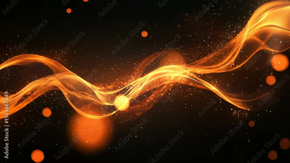 Poster elegant golden waves with glowing particles on black background creating an abstract design