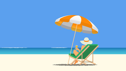 A woman wearing sun hat relaxing on a beach chair under orange striped umbrella, drinking cocktail by the ocean. Travel, vacation, and leisure concepts for summer banner. Vector illustration.