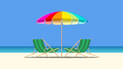 Two green beach chairs under a colorful beach umbrella on a tropical beach with blue sky and sea. Summer vacation, relaxation, and seaside holiday concept for summer banner. 