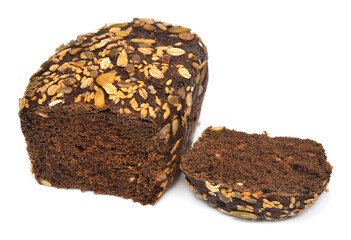 Rye bread with sunflower, sesame and pumpkin seeds isolated on white background