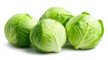 Fototapeta premium Four heads of cabbage, fresh, green and healthy vegetables on a white background