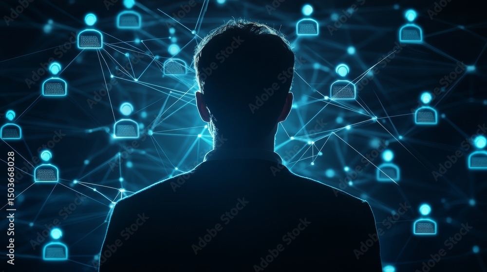 Poster intricate network navigation, man exploring complex connections in a dark room
