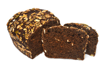 Rye bread with sunflower, sesame and pumpkin seeds isolated on white background