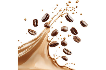 Coffee beans and coffee splash with brown liquid, isolated on a transparent background.