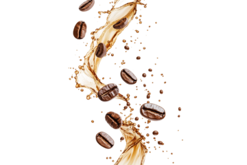 Coffee beans splashing liquid isolated on transparent background