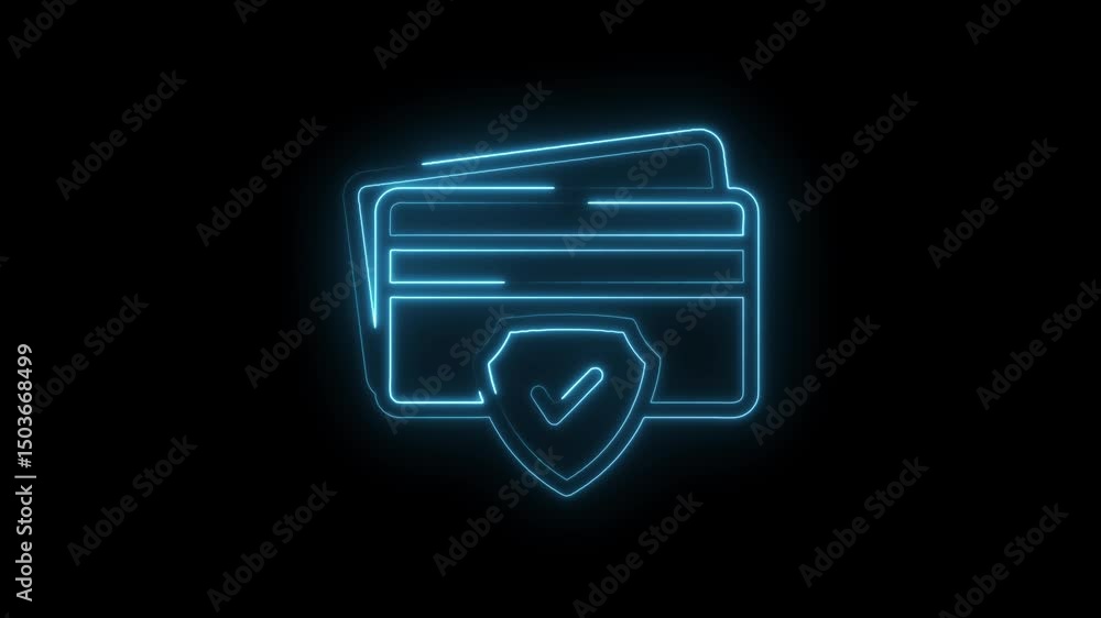 Poster neon credit cards with checkmark shield symbolizing secure transactions and financial security on bl