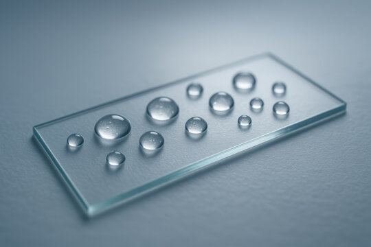 Water droplets on glass surface displaying surface tension and clarity in a minimalist setting