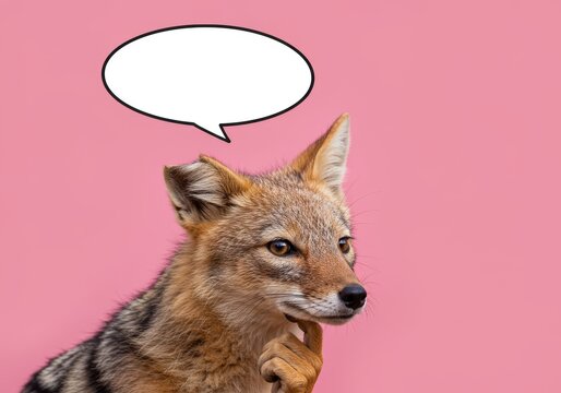 The thoughtful jackal with a blank speech bubble on pink background
