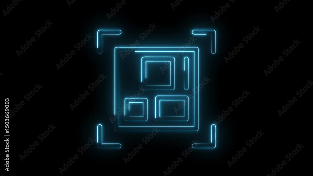 Poster glowing blueprint layout animation on black background with neon blue line tech design