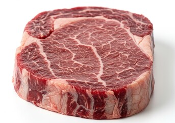 Obraz premium A single raw ribeye steak cut showcasing marbling on a plain background