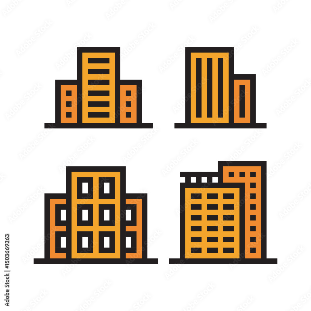 Poster minimalist line style building icon set with black outline and orange fill