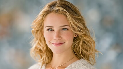 Naklejka premium Beautiful Woman Portrait Blonde Hair Freckles Soft Lighting Natural Smile