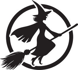 black and white flying witch, flying witch silhouette vector icon, flying witch logo vector