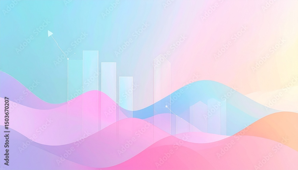 Poster clean abstract background with pastel gradients, transparent layered shapes, and minimal icons repre
