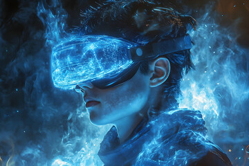 A person wearing virtual reality goggles immersed in a digital world.