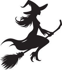 black and white flying witch, flying witch silhouette vector icon, flying witch logo vector