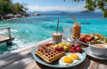 an unobstructed view from the sea, overlooking crystal-clear waters and distant islands, with breakfast dishes including eggs, bacon, waffles, orange juice
