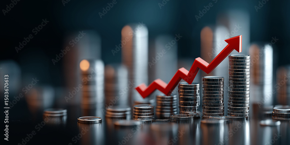 Poster pile of coins and graph arrow pointing up on a dark background, a financial growth concept with red 