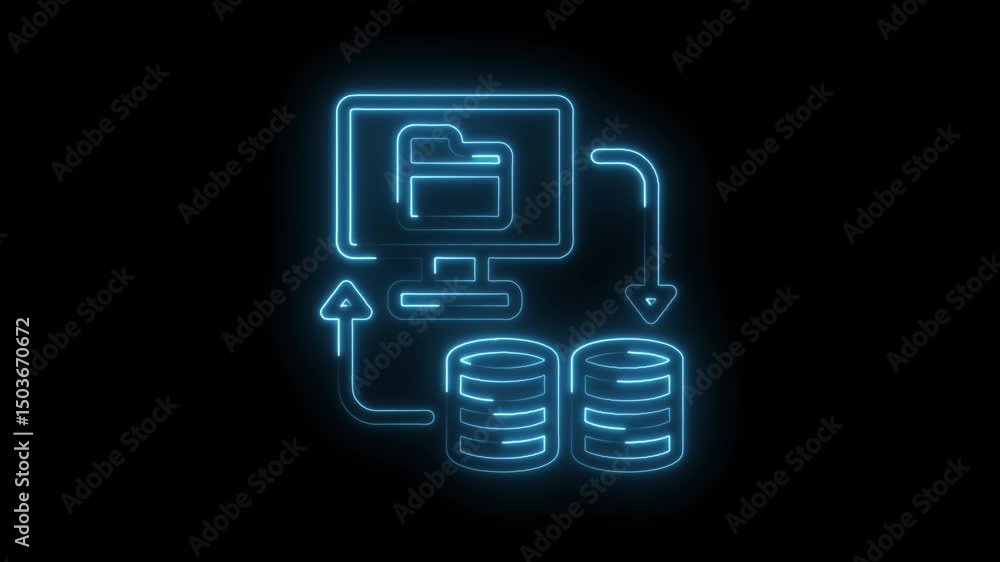 Poster file transfer and database storage with neon glow and cyberpunk style illustration