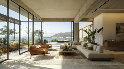 Modern oceanfront living room with large windows and stunning views, featuring stylish furniture