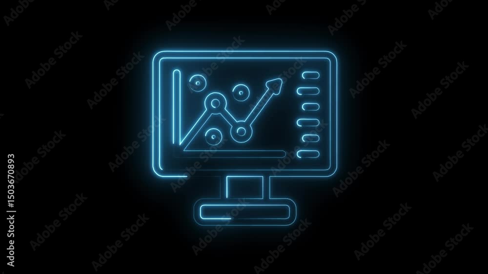 Poster neon style animated business and financial chart on computer screen on black background