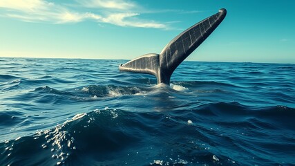 Obraz premium A majestic whale's fluke breaches the ocean surface under a vibrant blue sky creating a breathtaking underwater scene.