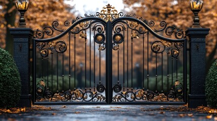 Ornate Black Gate in Autumnal Setting
